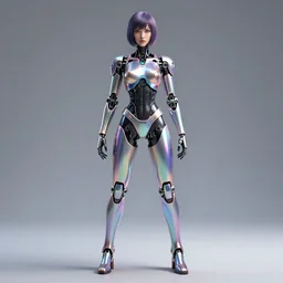 Epic masterpiece of a female android robot, by ghost in the shell, full body shot, 8k, iridescant colors.