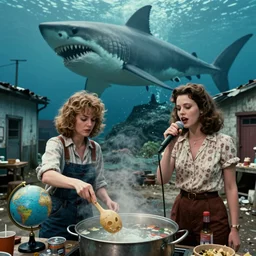 she makes the deep boil. dark fantasy story about two casually - dressed women in a dirty seaside town, a globster, and a beautiful song. color!! cinematic still from a terrifying 1 9 7 5 full - color suspense horror shark - attack movie by steven spielberg starring giant humanoid shark - monsters on land and at sea ; highly - detailed.
