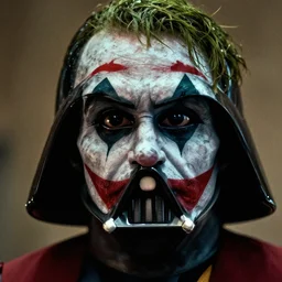 detailed - face!!! 8 k film still portrait of darth vader with joker makeup in the new star wars movie, 4 k, intricate detail, high resolution, filmgrain, zeiss lens, stanley kubrick, steven spielberg