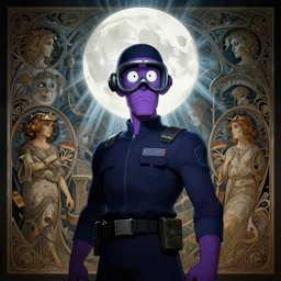 Cartoon man with purple skin and white eyes wearing a night guard's uniform, cartoon character in a realistic setting, masterpiece, cinematic, powerful, moon beams dramatic light, highly, intricate elements, hollow souls, detailed, digital painting, artstation, concept art, sharp focus, contrasty, illustration, art by artgerm and greg rutkowski and alphonse mucha, mitch foust, elaborate composition, intricate story