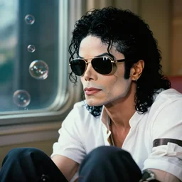 michael jackson 2 0 0 9 wearing shades, this is it style, photo real, pores, motion blur, sitting with bubbles the chimp window open, real life, spotted, ultra realistic face, accurate, 4 k, movie still, uhd, sharp, detailed, cinematic, render, modern