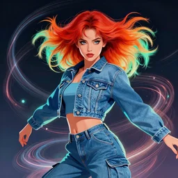 a award winning half body portrait of a beautiful woman with stunning eyes in a croptop denim jacket and cargo pants with ombre red orange teal hairstyle head in motion and hair flying while dancing by thomas danthony, surrounded by whirling illuminated lines, outrun, vaporware, shaded flat illustration, digital art, trending on artstation, highly detailed, fine detail, intricate