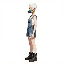 a grungy woman with short white shaved hair, soft eyes and narrow chin, dainty figure, torn overalls, short shorts, combat boots, rainbow colored dust mask, basic white background, side boob, symmetrical, single person, style of by jordan grimmer and greg rutkowski, crisp lines and color,
