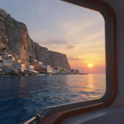 looking out a boat window on the water, low angle from water pov, wide angle, sunset, a mediterranean phoenician fishing village in the distance, over a chalk cliff, highly detailed, digital painting, artstation, concept art, sharp focus, illustration, art by artgerm and greg rutkowski and raphael lacoste and magali villeneuve