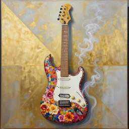 high intricate detailed abstract painting of a prs electric guitar covered in colorful flowers and smoke, golden ratio, rule of thirds, majestic, elegant, by lea leonowicz, by maks trofimov, by jenny brozek, by johannes wessmark