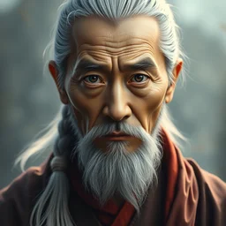 portrait painting of a 6 0 year old kind handsome taoist priest, big eyes, deep silhouette ， looks like mona lisa ， silver ponytail hair, amiable by yangjun chen ，, nadar, bright colors, octopath traveler, unreal engine 5 highly rendered, global illumination, radiant light, detailed and intricate environment