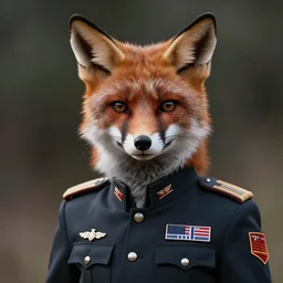 hyperrealistic close up image of anthropomorphic female fox animal dressed in modern american general uniform, fox animal, serious look, badges