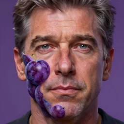 close - up jeff goldblum face fused with violet plum ( ( lilac jeff goldblum's face ) ), jeff goldplum jeff goldblum sentient fruit, highly detailed, unreal engine, 3 d art, digital art, painting by greg rutkowski