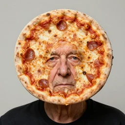 portrait of an old man with a flat circular head that looks exactly like a pizza, shaped like a pizza, with a small face sticking through the center of the pizza shape, skin looks like pizza topping, remarkable phenomenon, extremely detailed, soft lighting, sharp focus, highly symmetrical, exhibition, masterpiece by morten krogvold