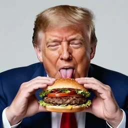 donald trump licking a burger with his tongue out, mmmmm, studio portrait photo, studio lighting, key light, food photography