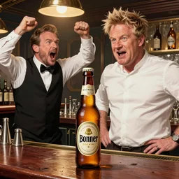 a drunken bottle of beer stands a bar yelling at the bar tender, caricature of gordon ramsey