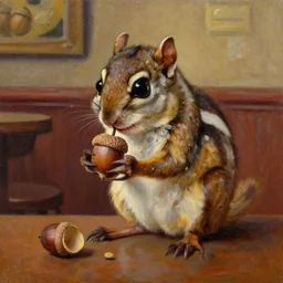 chipmunk eating an acorn in q saloon, oil painting