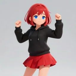 cute short girl with blue eyes, she has short red hair, she is blushing with a shy soft smile, wearing a black hoodie and a short red skirt, and dancing to music, digital art