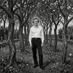 a wide shot, rhythmic, minimalistic, black & white portrait of ludwig josef johann wittgenstein, standing by the recursive trees of language, in the melancholic ornamented eden's garden. in the style of mark rothko, and in the style of lucio fontana, monochrome oil art.