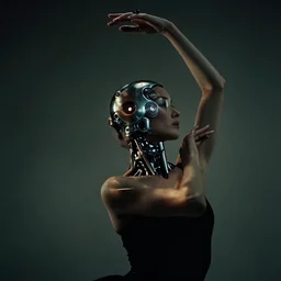 cinematic dark photograph of a woman's head and shoulders, ballet pose, with retro futuristic cyborg elements photographed by bill henson