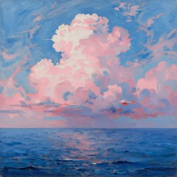 sea, cloud, oil painting, blue and pink intricate, dreamy aesthetic, highly detailed, octane render, unreal engine 5, wide view, by danton fadeev