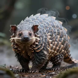 cross between a coatimundi and a pangolin, bloom, volumetric fog, moody ambiance, cinematic lighting, James Gurney, fantasy, portfolio illustration, highly detailed, trending on Artstation, CGsociety, HQ, 8k, 35mm lens, f2.8, Bokeh,