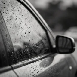 Rain droplets hitting a car window. Nano, vignette, black and white.