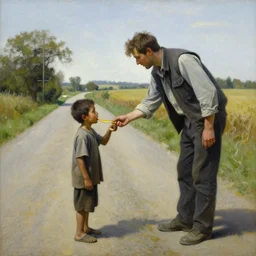 painting of a man feeding a poor boy on a country road, surreal highly detailed, artstion greg rutkowski