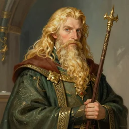 A wizard with blonde hair and a beard wearing fancy robes, illustration by Greg and Tim Hildebrandt