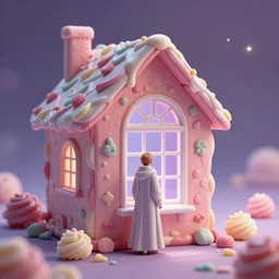 ( a house made of sweets has a window that overlooks other universes, a war cleric from the back looks through the window ) by noah bradley, photorealistic, dynamic lighting, beautiful, trending on artstation, wallpaper, dream, 4 k, award winning, lovely pastel colors, ethereal, elegant