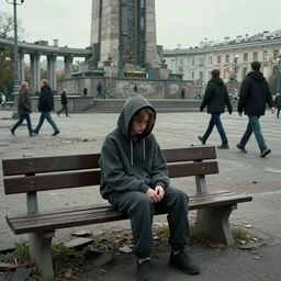sadie sink in hoodie sat on bench in ruined square, pedestrians walk by. background of old soviet monument and pedestrians. storyboard, scifi cyberpunk. by gabriel hardman, joe alves, chris bonura. cinematic atmosphere, detailed and intricate, perfect anatomy