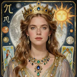 naomi watts portrait by louis - theophile hingre and alphonse mucha, realistic, sharp focus, zodiac signs, tarot cards, planets, ethereal, art nouveau, magic, moon, sun, crown, dreamy, royal, jewellery
