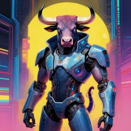 a bull in a futuristic suit, cyberpunk art by adam manyoki, cgsociety, funk art, sci - fi, synthwave, ilya kuvshinov