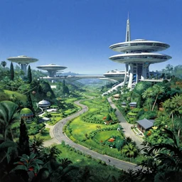 beautiful matte painting album cover art of green gardens with roads on a futuristic sci-fi space station, cinematic angle, cinematic lighting, blue sky, by Syd Mead, John Harris, Federico Pelat