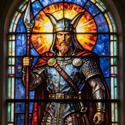 stained glass window of a viking warrior