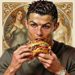 Cristiano Ronaldo eating a mighty zinger from KFC, closeup, D&D, fantasy, intricate, elegant, highly detailed, digital painting, artstation, concept art, matte, sharp focus, illustration, art by Artgerm and Greg Rutkowski and Alphonse Mucha