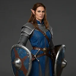 woman dressed chain mail, blue surcoat, female, strong, middle age, fantasy, digital art, awar winning, hand on the scabbard, shield down, leather gloves, wide belt, elf, brown hair, by loles romero, greg rutkowski, ilya kuvshinov