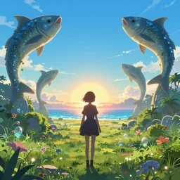 one single backlit silhouette anime girl facing towards an enchanted isekai sunset on the savanna with an ocean in the background. giant catfish statues on each side, a lush oasis, anime aesthetic, bright blue and cyan sky. by greg rutkowski