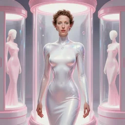 portait of mark zuckerberg Mexican pearlescent interstellar Goddess wearing a futuristic slim dress exposed in cryo chambers by James Jean, pink and white theme, intricate, elegant, highly detailed, centered, digital painting, artstation, concept art, smooth, sharp focus, illustration, by Peter Mohrbacher,