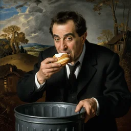 George Costanza eating an eclair out of a trash can, by Hieronymous Bosch