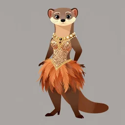 detailed flat 2 d : female marten character : wearing jewelry : wearing a showgirl sequins feathers dress : head legs nice shoes : lorax movie : artstation