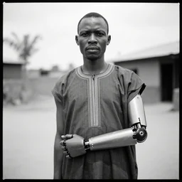 an analogue photo of a Tribal Igbo man with robotic prosthetic arm, black & white, 35mm, f/1.4,