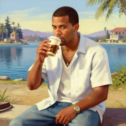 carl johnson from grand theft auto san andreas enjoying coffee near the t 8 0 0 from terminator, wearing summer clothing, near a beautiful lake. pixiv, masterpiece, wlop, oil painting, ranked on artstation