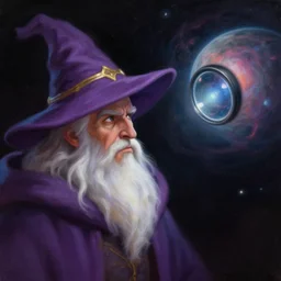 dungeon and dragons painting of wizard, white beard, with purple hat with a golden line across his hat whilst in space, on the right side of a distant planet nebula floating behind the planet, lens zoomed in, ethereal motion blur focusing on the wizard, trending on artsation