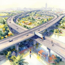 a beautiful insanely intricate watercolor illustration of modern motorway, reflexions, colorfull, by william turner art, by greg rutkowski, by james jean, by rossdraws, by frank franzzeta, by sakimichan, by edmund dulac, trending on artstation, insanely detailed, masterpiece,