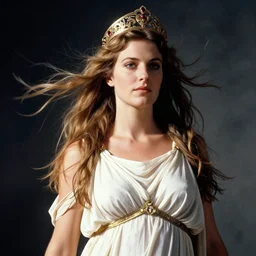 wide angle length photgraph of a Helen of Troy, wearing a diadem, her hair blowing in the wind, dramatic lighting, by Annie Leibovitz Carl Zeiss 135mm nikon