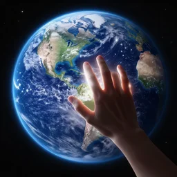 hand of stars reaches towards planet earth, high detail, space, artstation, backlit