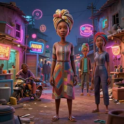 stylish caricature art of a neon lit ajegunle slum in nigeria, photographed by vivian maier, unreal engine 3 d vfx render, digital illustration by mike winkelmann & tadanori yokoo, intricate detail, sharp, volumetric light, ray tracing, soft light, colourful, claymation, wide angle, acrylic, cinestill, rule of thirds,