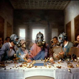 the last supper in gas masks, hyperrealistic, volumetric golden dappled dynamic lighting, highly detailed, sharp focus, by michael komarck