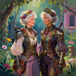 elderly lesbian multiracial couple in steampunk vaporwave courtyard garden. complementary colors, gouache, indie concept art, bloom, chiaroscuro, backlighting, intricate details.