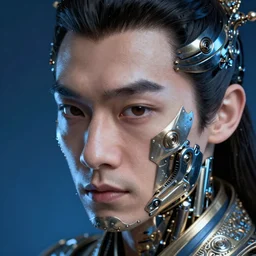 hyperrealistic close-up rococo biomechanic! chinese man highly detailed concept art eric zener elson peter cinematic blue lighting high angle hd 8k sharp shallow depth of field