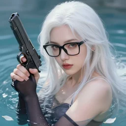 a beautiful + white hair + cool black glasses + holding pistol + tights + ana de armas + dream water, beautiful smooth soft light + white petal, oil paint, cinematic lighting, octane render, unreal engine 5, closeup, 4 k, highly detailed, instagram,
