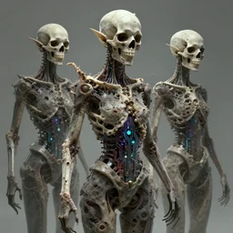 machine elfs, abstract, decay, giger textures, ghostly figure, morphing skulls, bone and teeth with cosmic circuitry and futuristic technology rearranging body form, abstract, voodoo, ultra realistic, hyper realism, 1 2 k, epic, octane render, unreal engine, vfx, maya, alex grey