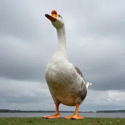 big goose statue in standing pose by beeple at cloudy shore