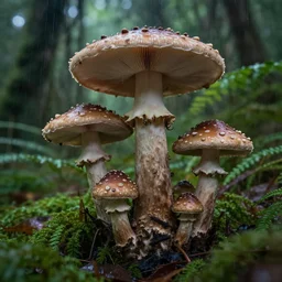 a photography of a creepy mushroom family in a rainforest, intricate detail, photorealistic, 2 4 mm mirrorless